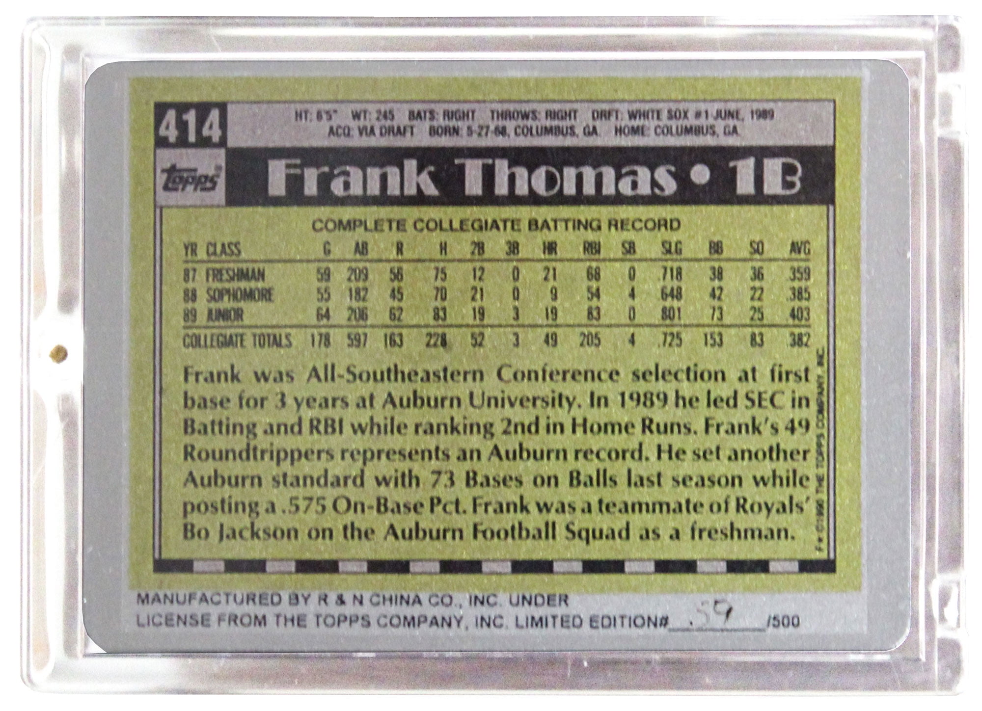 Frank Thomas Topps 'The Keeper Series' Metal Rookie Baseball Card #'d out  of 500