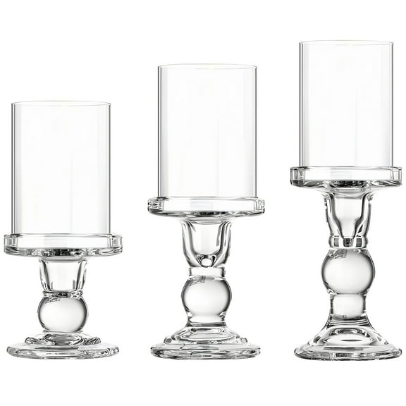 3 Pcs Modern Crystal Glass Hurricane Candle Holders Set, Elegant Roman Column Style with Windproof Glass Shades, Ideal for Pillar Candles, Wedding & Home Décor