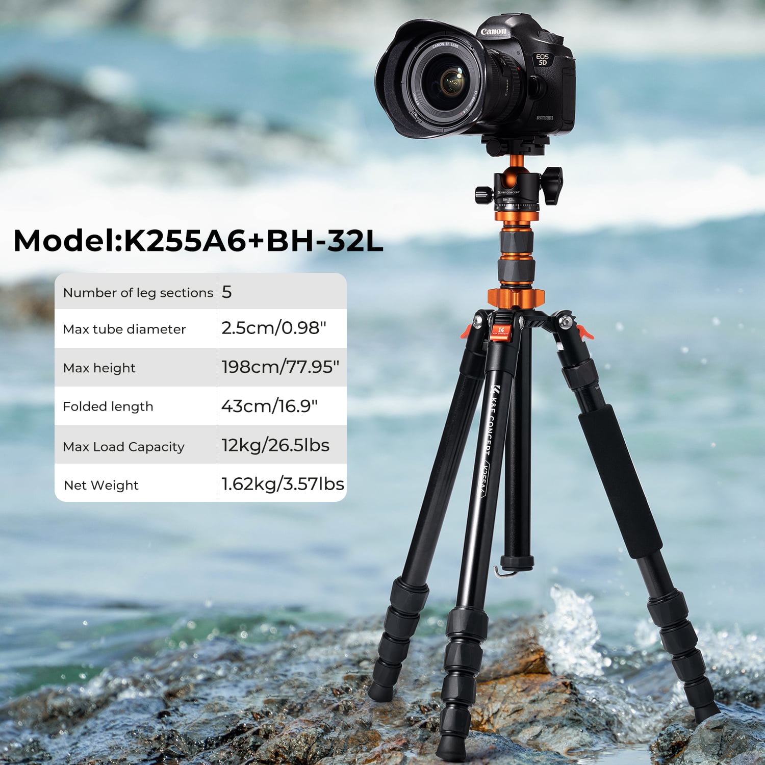 K&F Concept 78"/198cm Aluminum Camera Tripod for DSLR Cameras,Portable 26.4lbs/12KG Load Travel Tripod with 3-Section Central Axis, 360 Degree Metal Ball Head