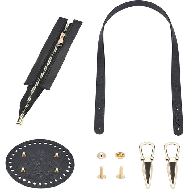 Kit de tejido para bolso DIY: base ovalada para bolso de piel sintética negra, correa para el hombro, cremallera para coser bolsos con herrajes metálicos.