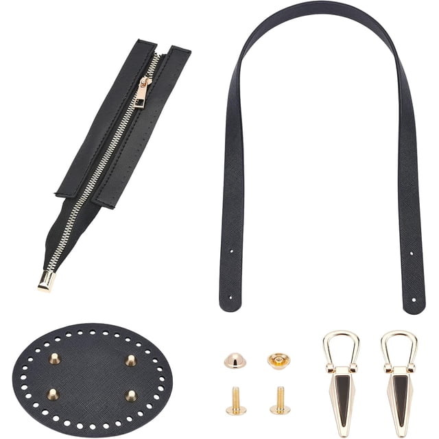 Kit de tejido para bolso DIY: base ovalada para bolso de piel sintética negra, correa para el hombro, cremallera para coser bolsos con herrajes metálicos.