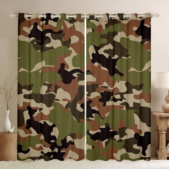 Manfei Abstract Camouflage Black Out Curtains, Green Brown Camo Curtains Pack of 2 (42x63 Each), Military Patriotic Theme Bedroom Curtains, Luxurious Room Decor