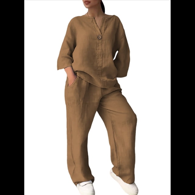 Conjunto de 2 Piezas de y Algodón para Mujer, con Cuello en V, Camisa de Larga Abotonada y Pantalón con Bolsillos Caqui L