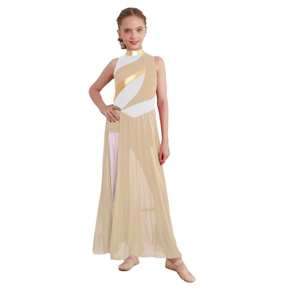 inlzdz Kids Girls Lyrical Dance Dress Halter Sleeveless Overlay Chiffon Tulle Skirt Contemporary Dancewear Yellow 12