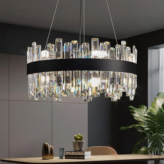 HOOMEDELIER 20" Modern K9 Crystal Chandelier Black Dimmable Pendant Light Fixture for Dining Room Living Room and Kitchen Island