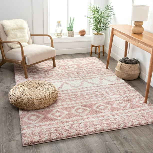 Well Woven Tribal Diamond Stripes Blush Pink Soft Shag Area Rug