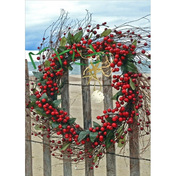 Northern Exposure Wreath and Fence at Beach Warm Weather Coastal Box of 12 Christmas Cards