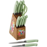 The Pioneers Womans 11-Piece Stainless Steel Knife Set with Floral Block - Ergonomic Soft Grip Handles, Durable Chef, Bread, Nakiri, Utility, Paring Knives, Steak Knives, and Shears (Sage Green)