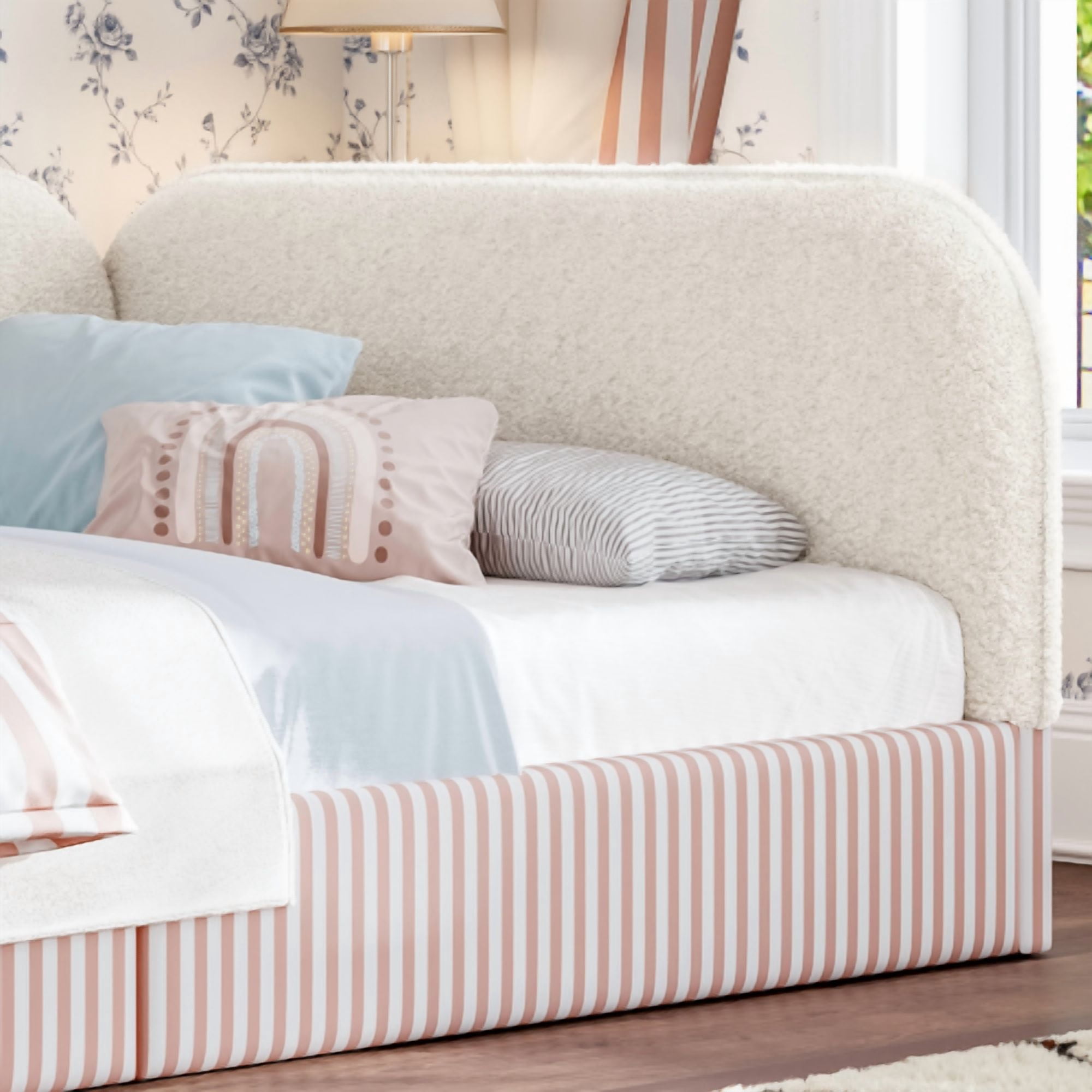 Twin Size Upholstered Teddy Fleece Floor Bed Frame, Half-Enclosed Montessori Low Profile Platform Bed with Full-Perimeter Guardrails for Kids, Beige
