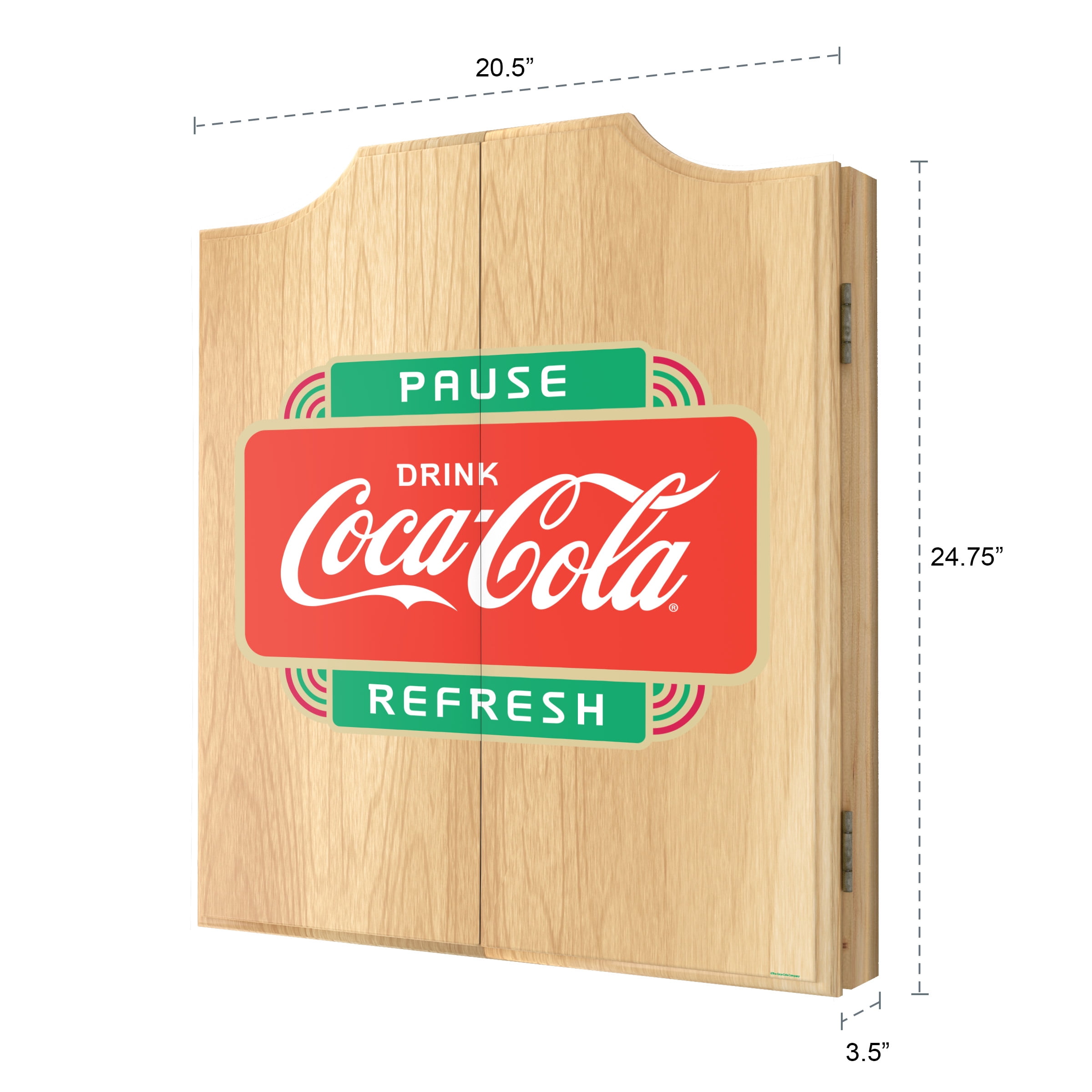 Coca-Cola Pause Refresh Dart Board Cabinet Set with 6 Steel Tip Darts