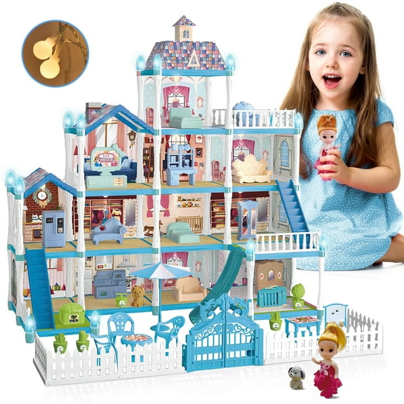 HopeRock DollHouse Girls Toy, Doll house Furniture and Accessories with Slide, 285 Pcs, Christmas Birthday Gift for Girls Toddlers Age 3 4 5 6 7 8 9 10