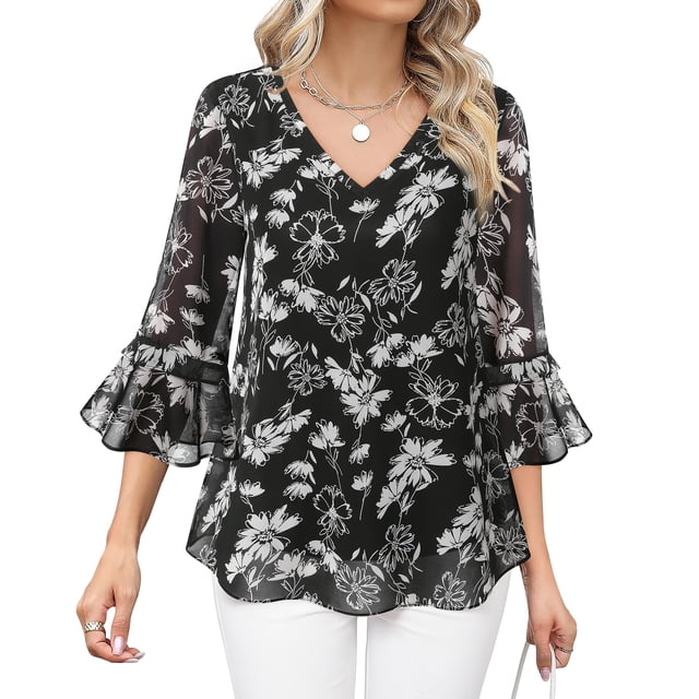 Blusa Bebonnie para mujer con volantes, manga 3/4, cuello en V, doble capa
