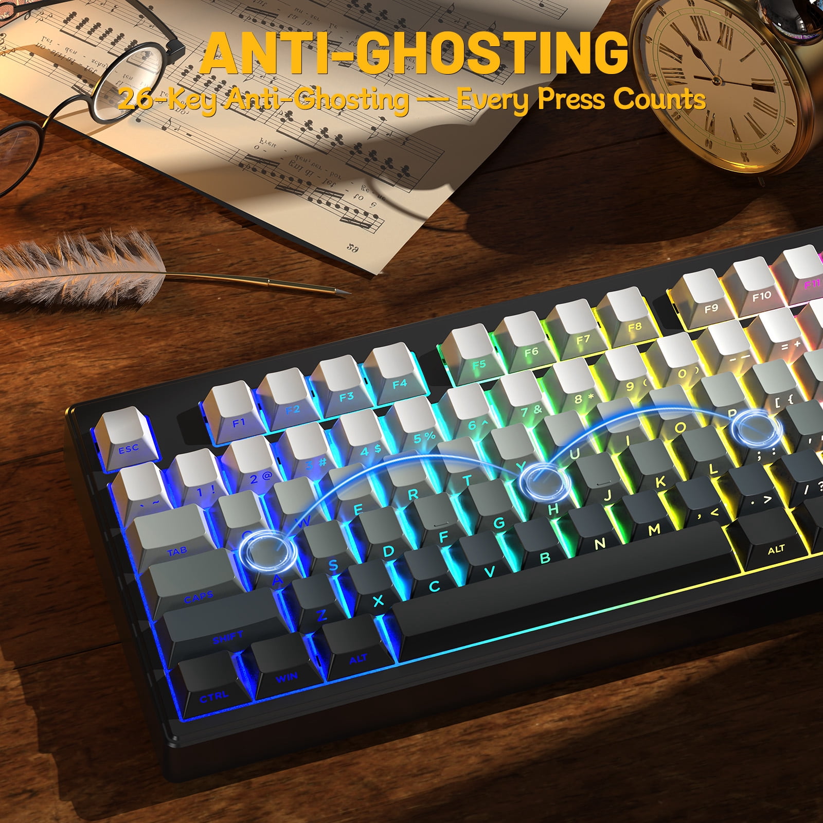 ZIYOU LANG M87V2 Wireless Keyboard, 80% TKL Creamy Keyboard, Low Profile Quiet Typing, Side-Printed PBT Keycaps, RGB Backlit, Gray