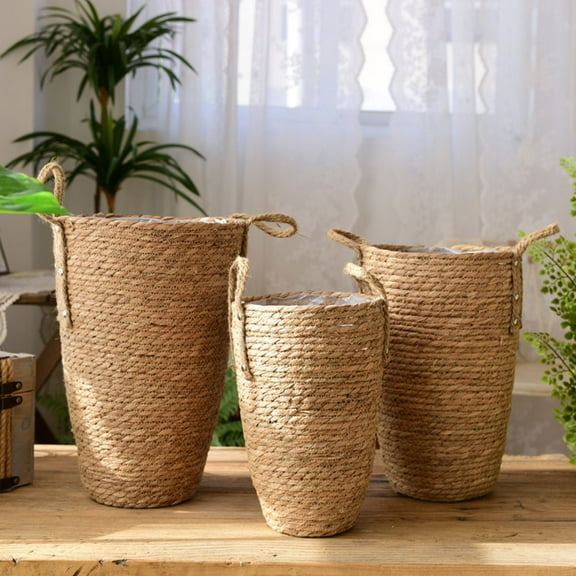 SOPOTUTU Multi-Purpose Woven Basket Flower Holder Basket Light Brown 1Set for Indoor Planting