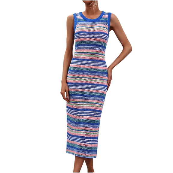 Crochet Dresses for Women Sexy Hollow Out Knitted Beach Bikini Cover Ups Sleeveless Crew Neck Trendy Stripe Printed Slim Fit Cover-Up Tank Midi Dress