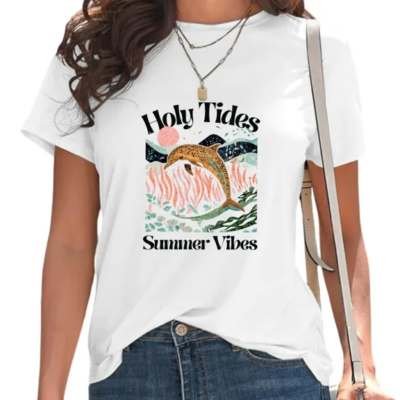 UNISHE Women's Holy Tides Summer Vibes Tee Cute Jumping Dolphin Ocean Faith Shirt for Daily Outfit White, S