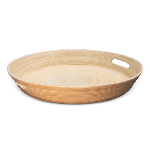 LEXA 15.7" Bamboo Round Serving Tray with Handles – Large Handcrafted Wooden Tray for Food, Ottoman, Coffee Table, Kitchen, or Charcuterie, Natural