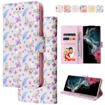 Wallet Case for Samsung S24 Ultra with RFID Blocking Credit Card Slots Holder, Cute Patterned Gold Brushing Magnetic Flip Kickstand Wrist Strap Cover for Samsung Galaxy S24 Ultra, Butterfly Flower