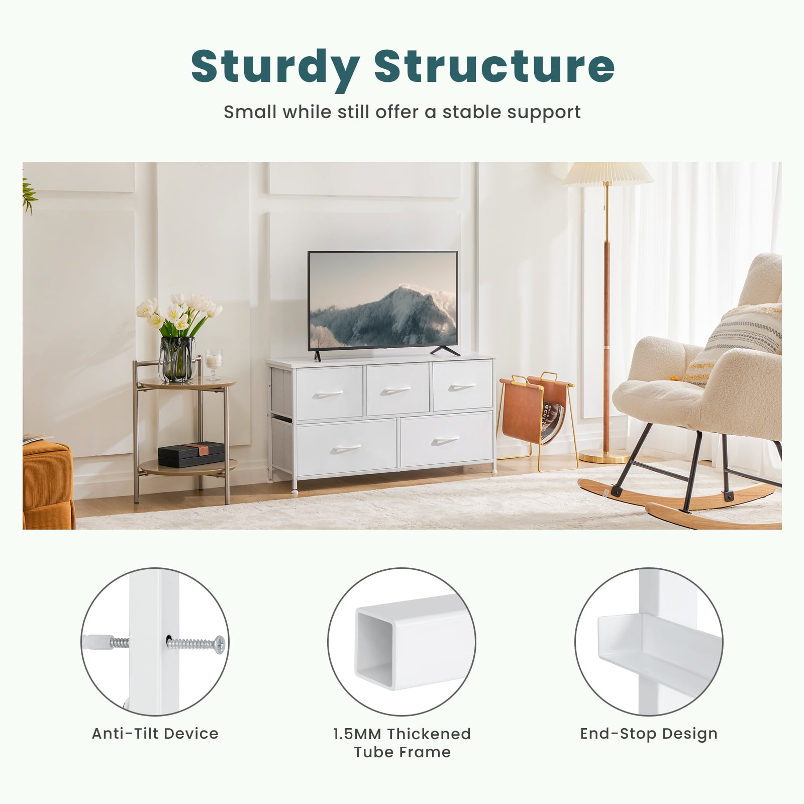 MAYEERTY 5 Drawers Organizer, TV Stand with Fabric Storage, Tower Storage Cabinet Dresser & Chest, Gray