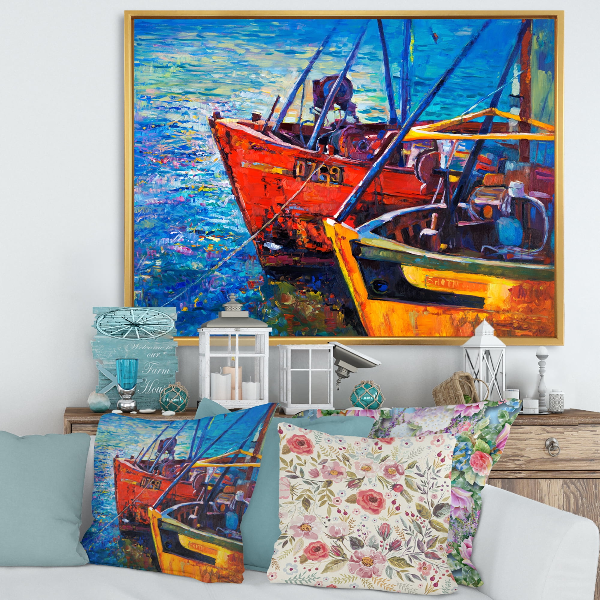 Designart 'Boats During Warm Sunset Resting On The Water VII' Nautical & Coastal Framed Canvas Wall Art Print