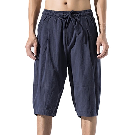 Linen Cotton Harem Shorts Men's Loose Fit Elastic Waist Wide Leg Baggy Pants Casual Lightweight Drawstring Yoga Shorts