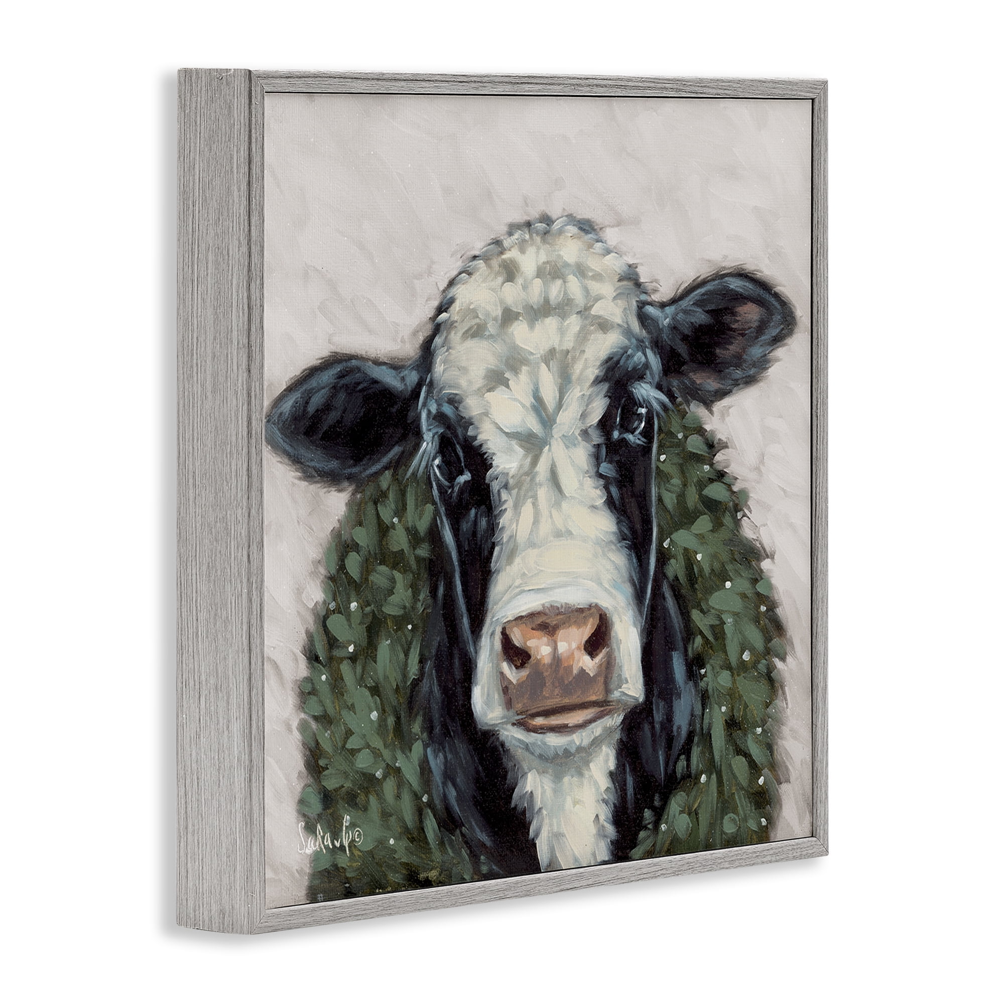 Stupell Industries Spotted Cow with Wreath Holiday Painting Gray Framed Art Prints Wall Art, 24 x 24