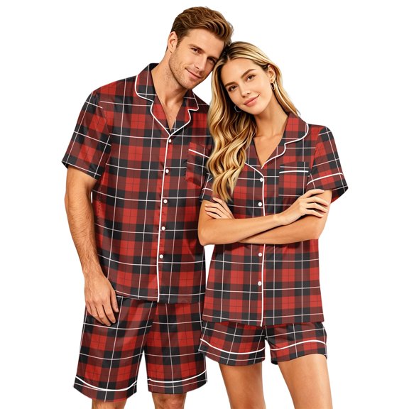 Couples Matching Pajamas, Silky Satin Short Sleeve Sleepwear for Women Button Down 2 Piece Loose Fit Casual Nightwear Pjs Set