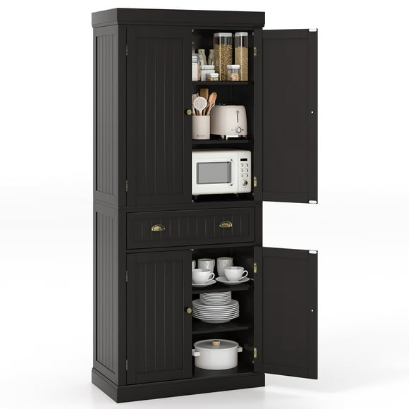 Costway Armario Despensa de 4 Puertas de 183 cm, Armario Alto Despensa de Cocina con Cajón y Estantes Ajustables, Aparador Independiente para Comedor, Sala de Estar, Pasillo, Negro/Marrón/Gris/Blanco