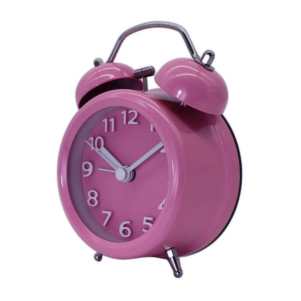 Mini reloj despertador con marco de metal retroiluminado, reloj de viaje, reloj de mesa para dormitorio Rosado