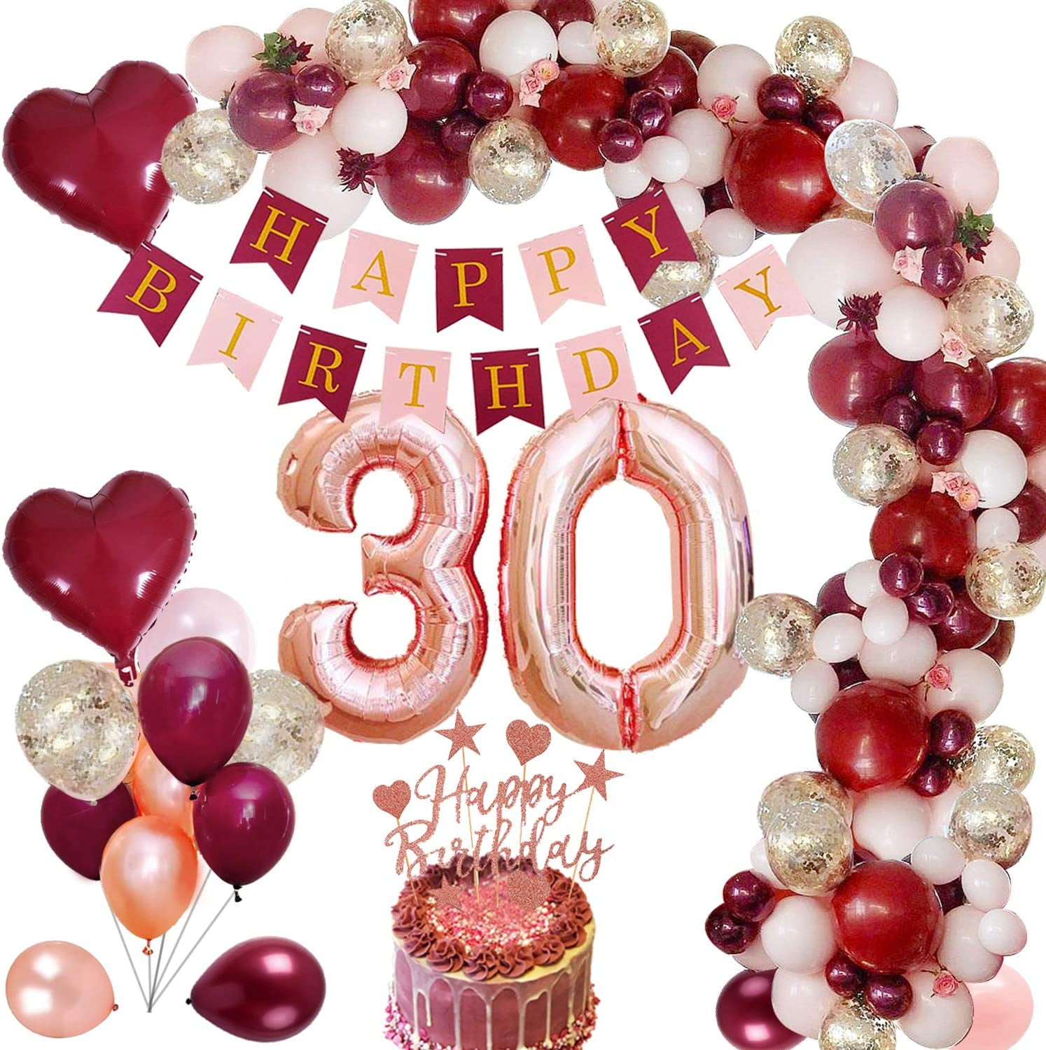 AYUQI 30th Birthday Decorations Burgundy Rose Gold, Party Decoration
