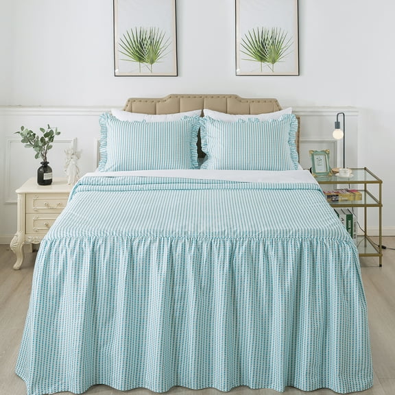 JML Queen Ruffle Skirt Bedspread Set,3 Piece Ruffled Polka Dot Bedspread with 30" Drop