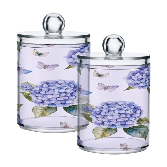 2 Pack Bathroom Canisters Transparent Storage Jar for Cotton Ball, Swab, Floss Blue Hydrangea