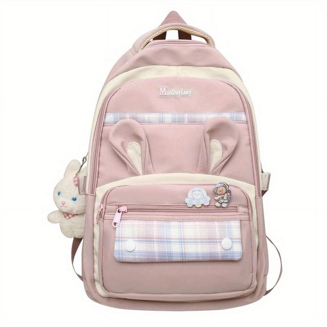 Kawaii Plaid Bunny Ears Backpack, Cute Preppy Style Laptop Schoolbag, Large Capacity Travel Rucksack With Pendant & Badge