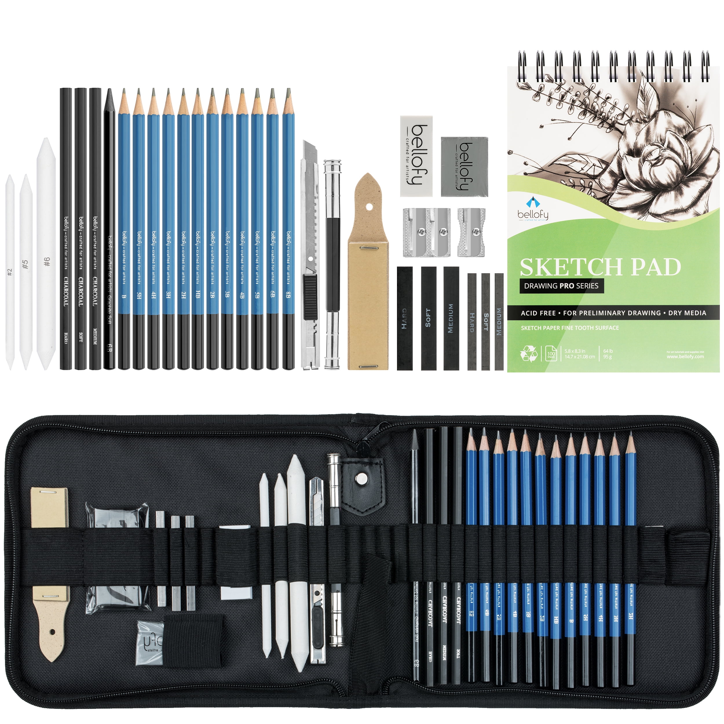 Artist Charcoal Pencils Drawing Set Beginners,1 Sharpener and 1 Blending Stump Include Shading 6 Pieces Soft Medium and Hard Charcoal Pencils for Sketching 