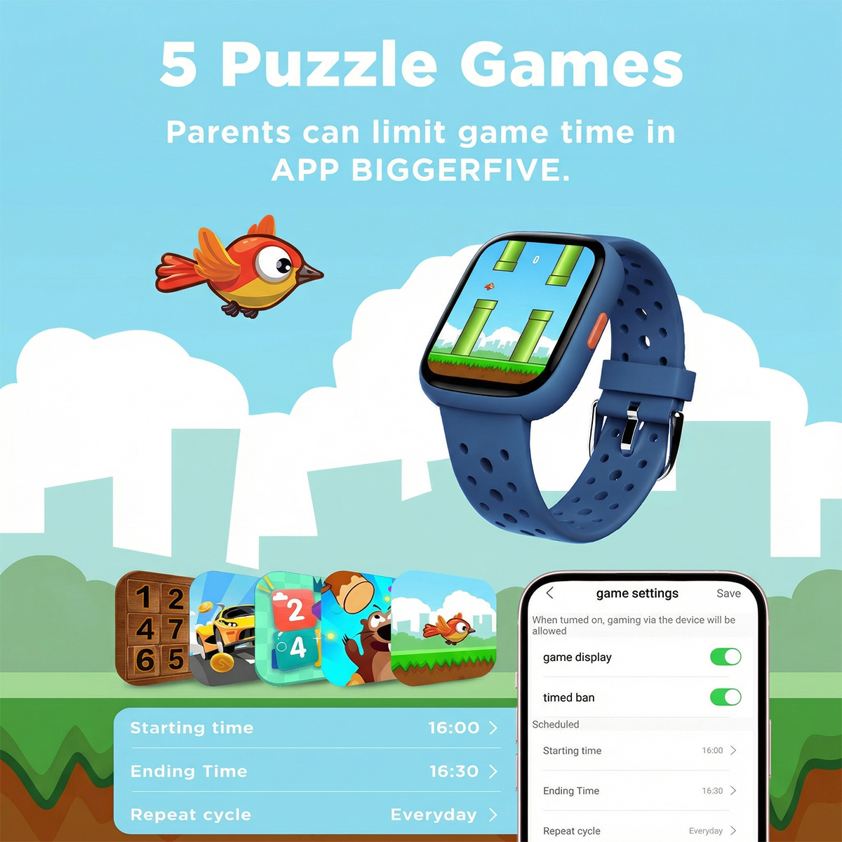 BIGGERFIVE Kids Smart Watch 1.8" Fitness Tracker, Blue photo 6