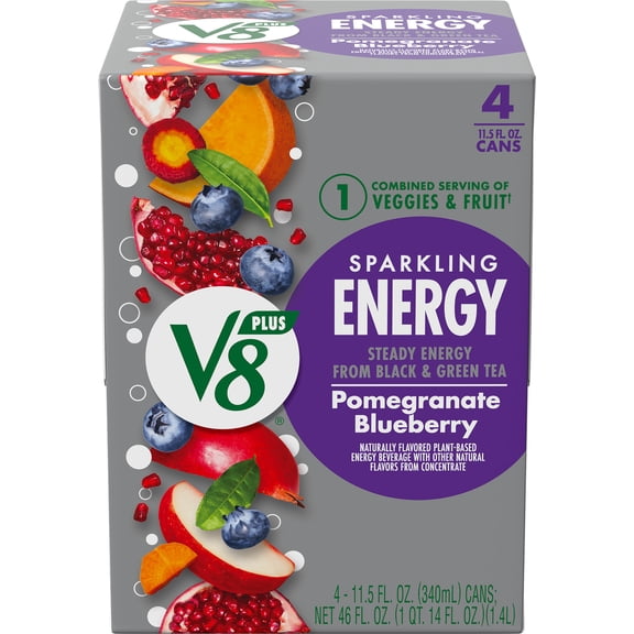 V8 Energy Sparkling Pomegranate Blueberry Juice Energy Drink, 11.5 fl oz Can, 4 Count