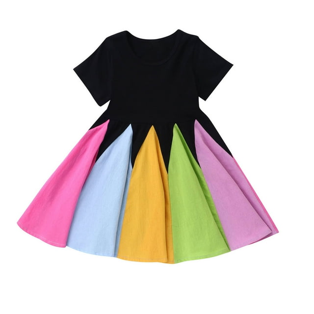 Besolor Vêtements pour Filles Tout-Petits Robe d'Été Col Rond Manches Courtes Bloc de Couleur Évasée Robe de Fête d'Anniversaire