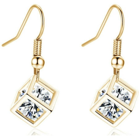 Designer Art Glass Earrings - Designer Inspired Centered CZ Gold-Tone 3D Cubed Earrings