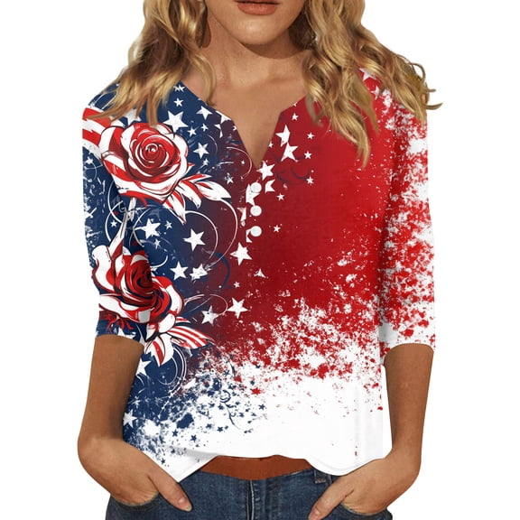 American Flag Blouse Women 1776-2026 Red White and Blue 3/4 Sleeve Henley Shirts Stars and Stripes 250th Anniversary Casual Tunics L