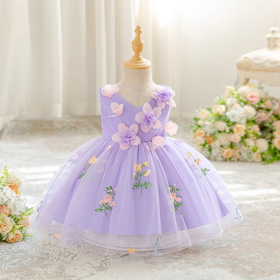 Light Purple Flower Girl Dress Floral Embroidered Toddler Girls Dresses Tutu Party Birthday Flower Princess Dresses Wedding Party 18-24 Months