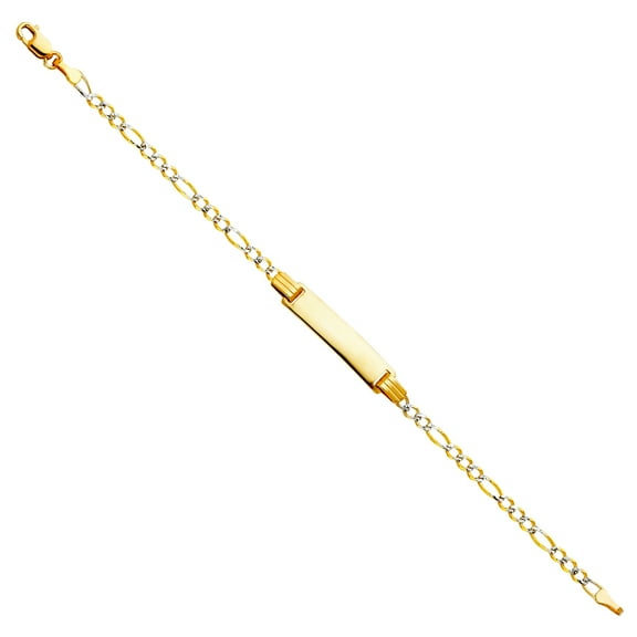 14k Gold 2.6mm Figaro 3 Plus 1 Links With Rhodium Pave Chain ID Bracelet Identification Bracelet for Women and Men
