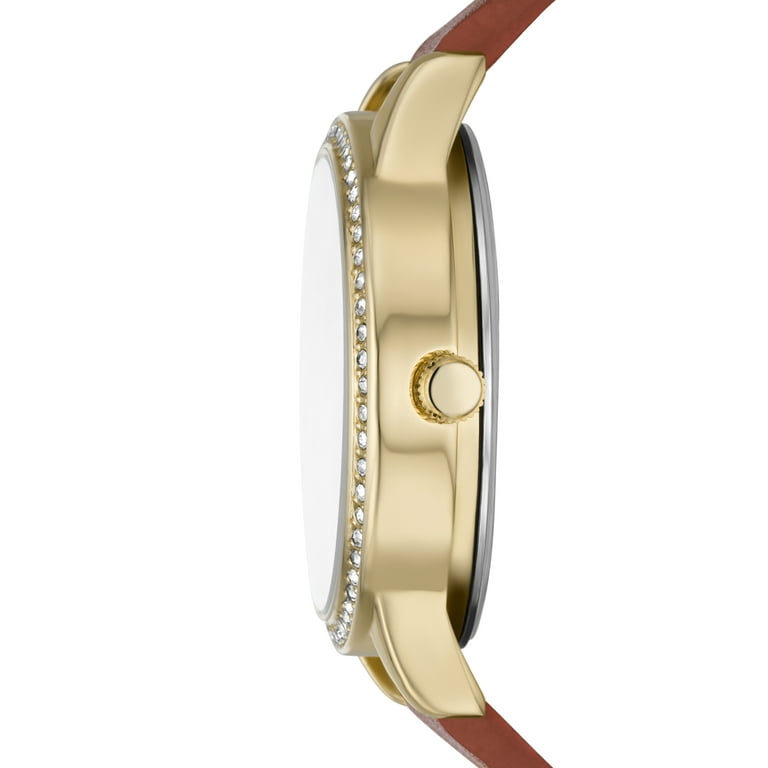Folio Women s Watch Gift Set Gold Tone Round Case with Clear Stone Accents White Floral Dial and Cognac Faux Leather Strap. Walmart