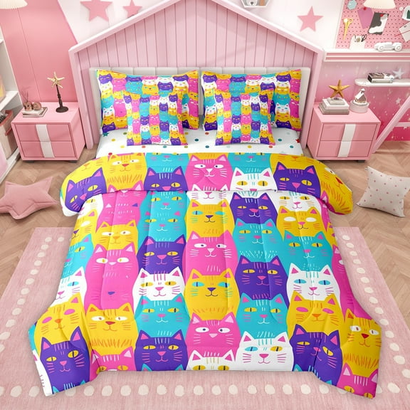 Homewish Funny Kawaii Cat Twin Bedding Sets 7-Piece for Kids, Cute Cartoon Kitten Bedding Comforter Set, Funny Animal Print Reversible Sheet Sets, Luxury Bedroom Decor