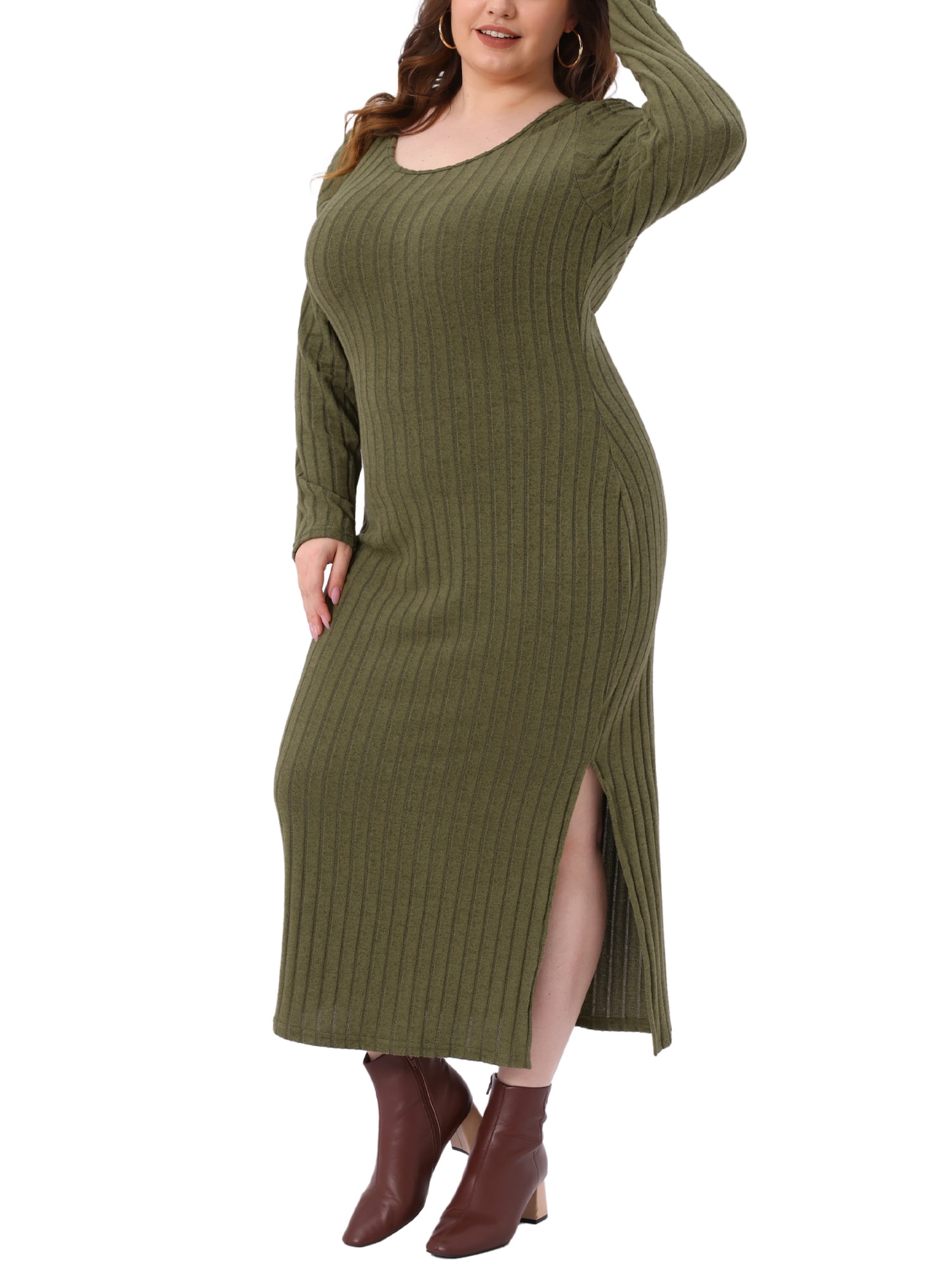 DARING DIVA Women's Plus Size Ribbed Knit Midi Side Slit Dress 4X Army Green