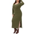 thumbnail image 2 of DARING DIVA Plus Size Ribbed Knit Midi Side Slit Long Sleeves Dress 2X Army Green, 2 of 5