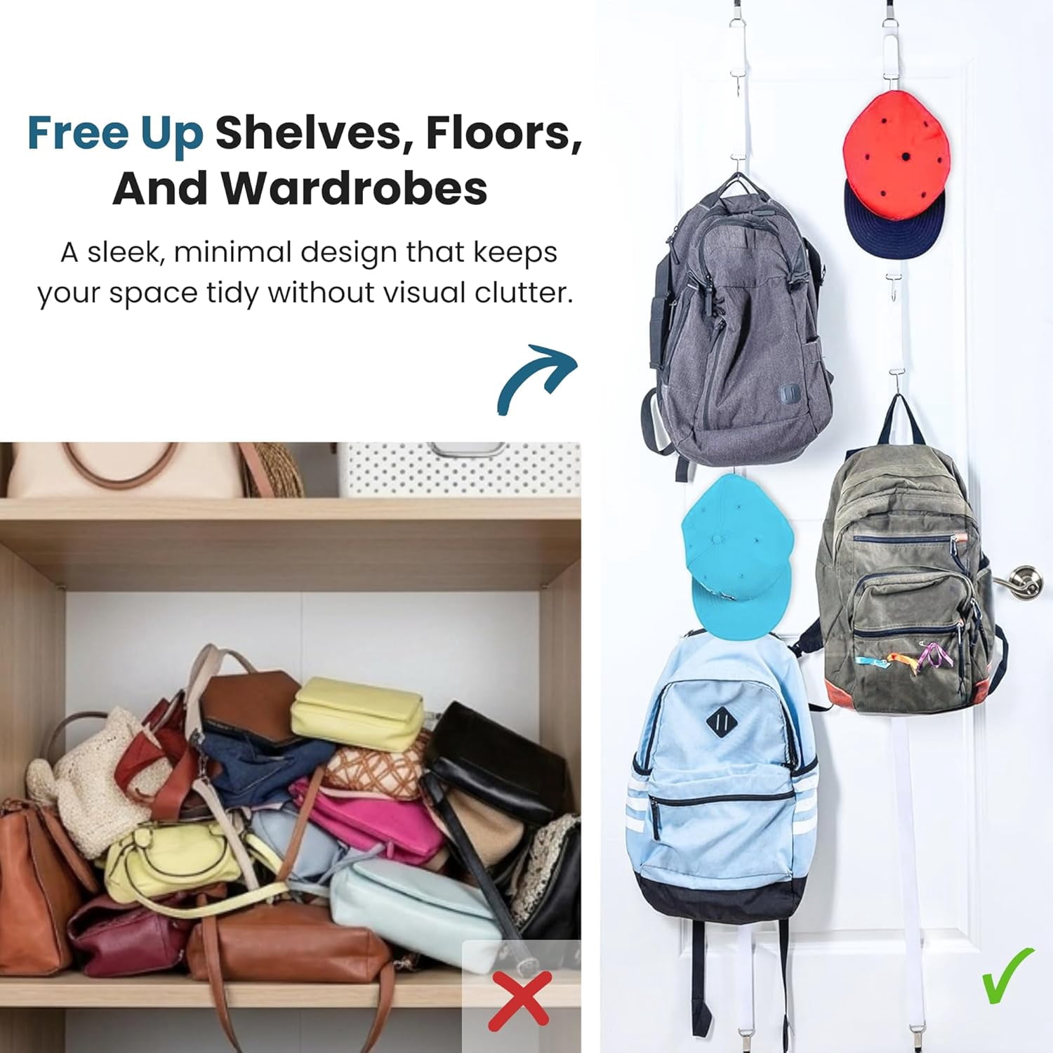 RGHJAR-Heavy Duty 16 Hook Over The Door Purse Rack for Hats and Accessories. Adjustable Straps and Movable Velcro Hooks To Store, Organize and Display Bags, Scarves or Caps Saving Closet Storage Spac