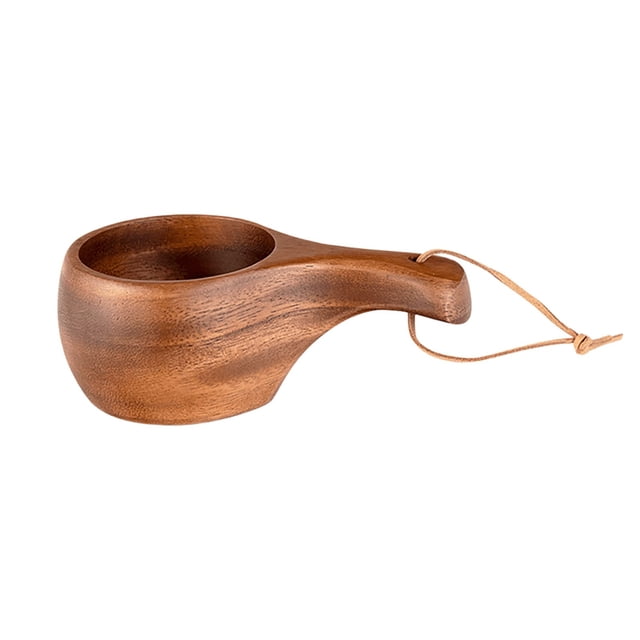 Hot Coffee Cup with Wooden Lanyard Handle 10 oz Walnut Finish Finnish Style Thermal Beverage Cup