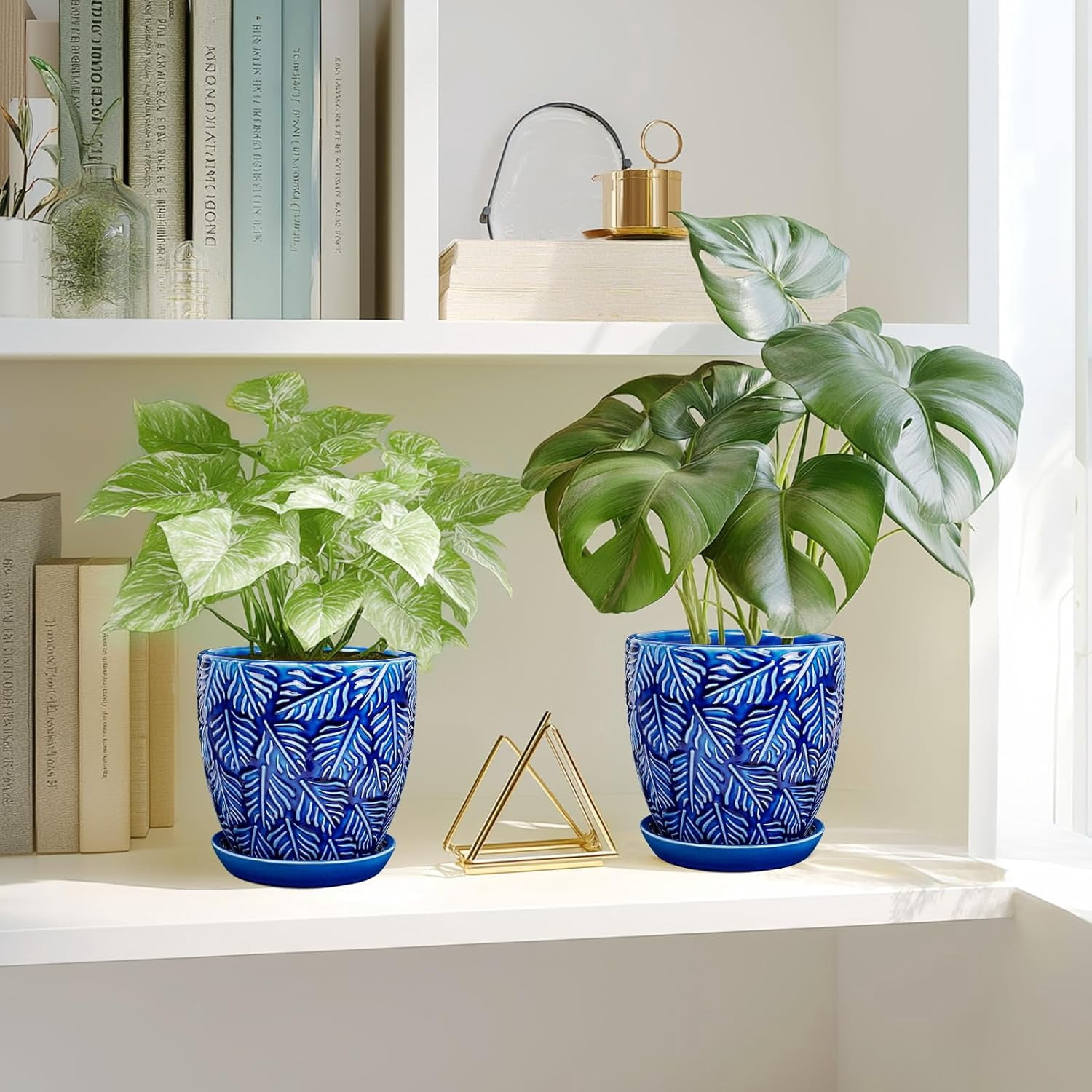 EFISPSS 6 inch Blue Ceramic Plant Pots with Drainage & Saucer, Natural Boho Crackle Glaze, Indoor/Outdoor Flower Planter, 3 Pack