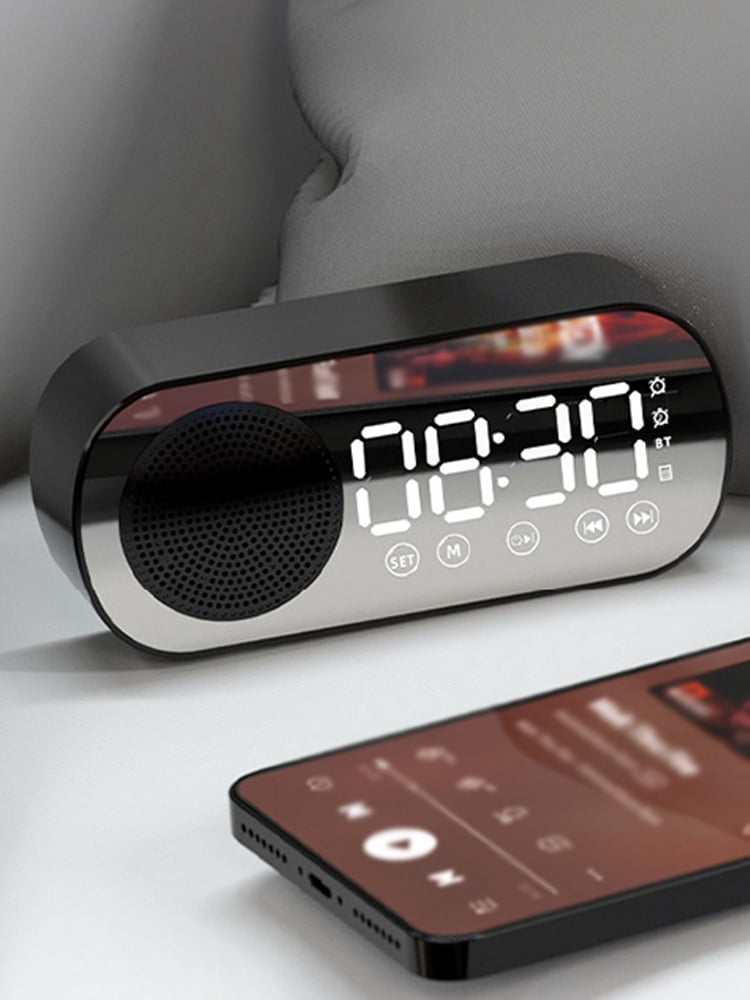 Zeokiar Digital Alarm Clock Bluetooth 5.0 Speaker LED Display Mirror Desk Alarm Clock with FM Radio Support TF Card Play Hands-Free Call Dual Alarm Clock with USB Charging Port Adjustable Brightness