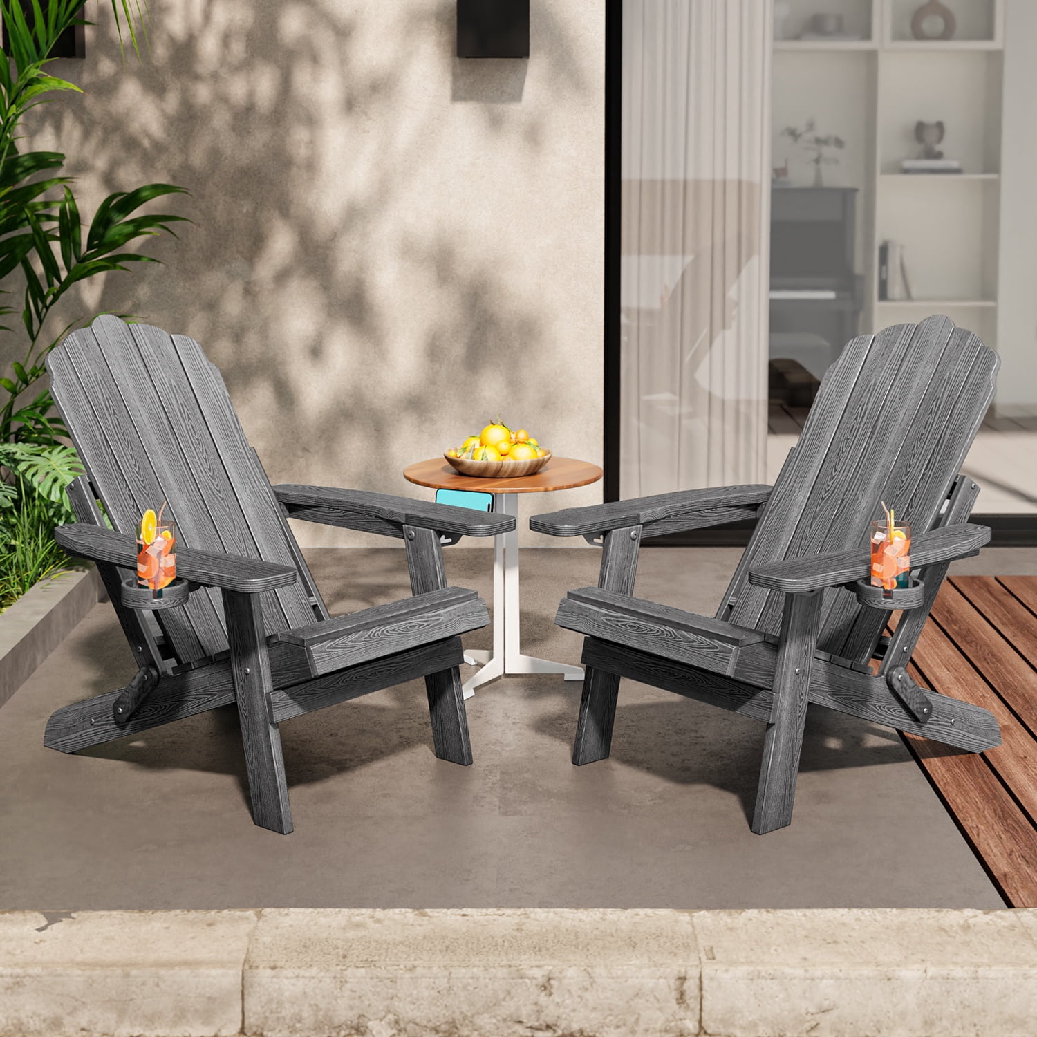 Asofer Adirondack Chair with Retractable Ottoman, Outdoor Folding Chair for Patio Garden Fire Pit, Gray - 2 PCS